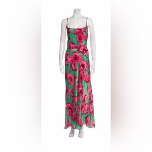 Eywasouls Malibu 100% Silk Pink Green Floral Maxi Slip Dress Spaghetti Strap